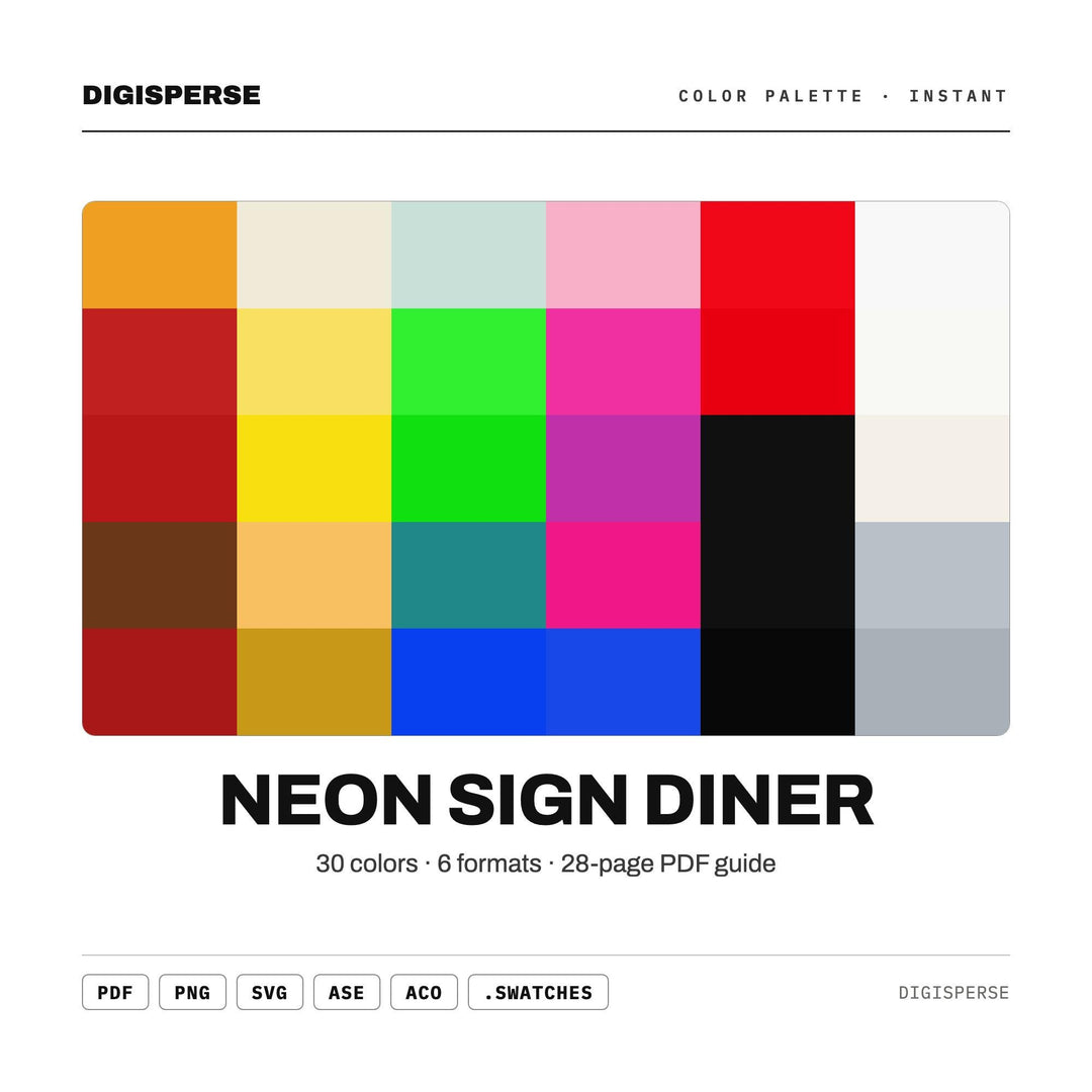 Neon Sign Diner Color Palette | 30 Colors | Hex RGB CMYK | Procreate Swatches + ASE | Digital Download