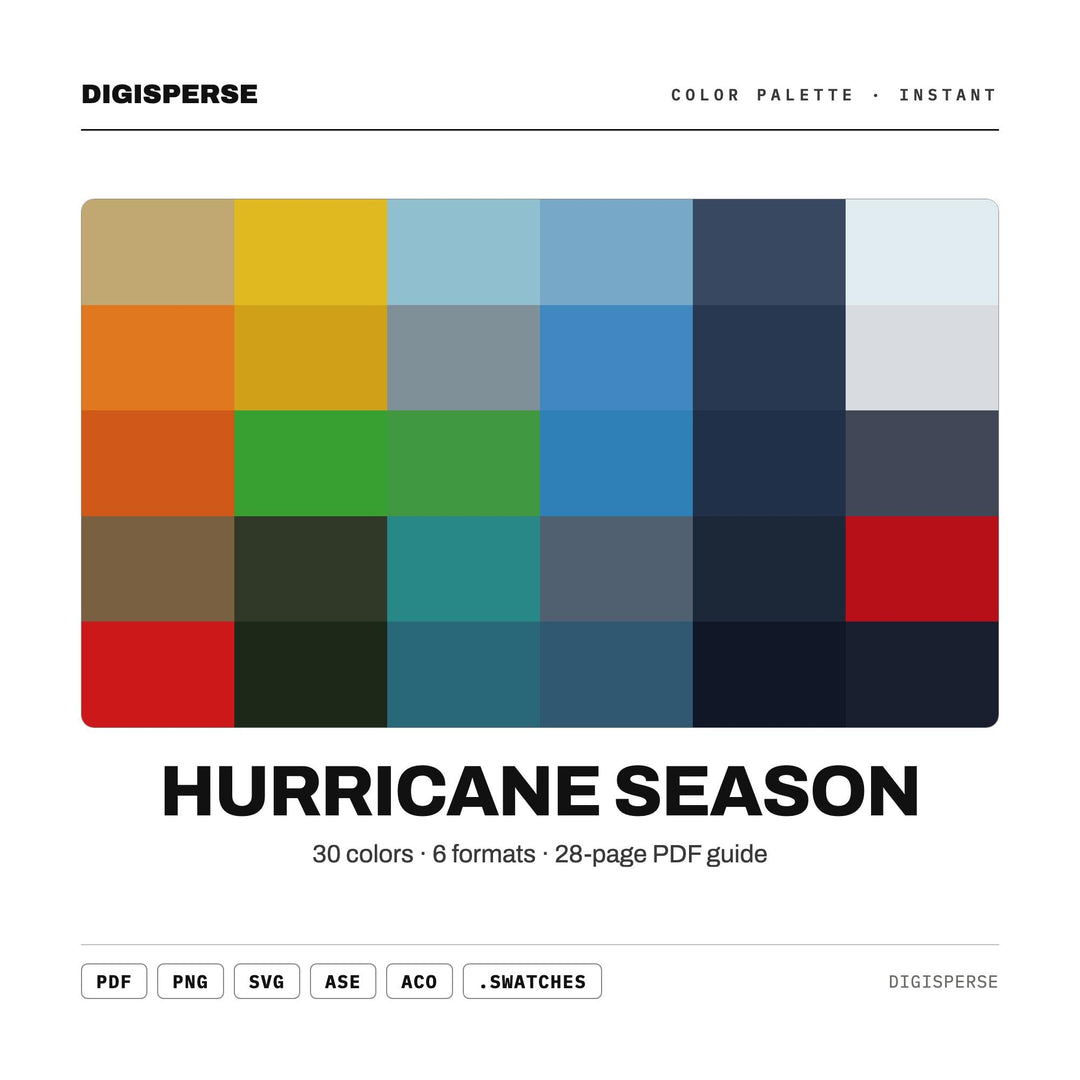 Hurricane Season Color Palette | 30 Colors | Hex RGB CMYK | Procreate Swatches + ASE | Digital Download