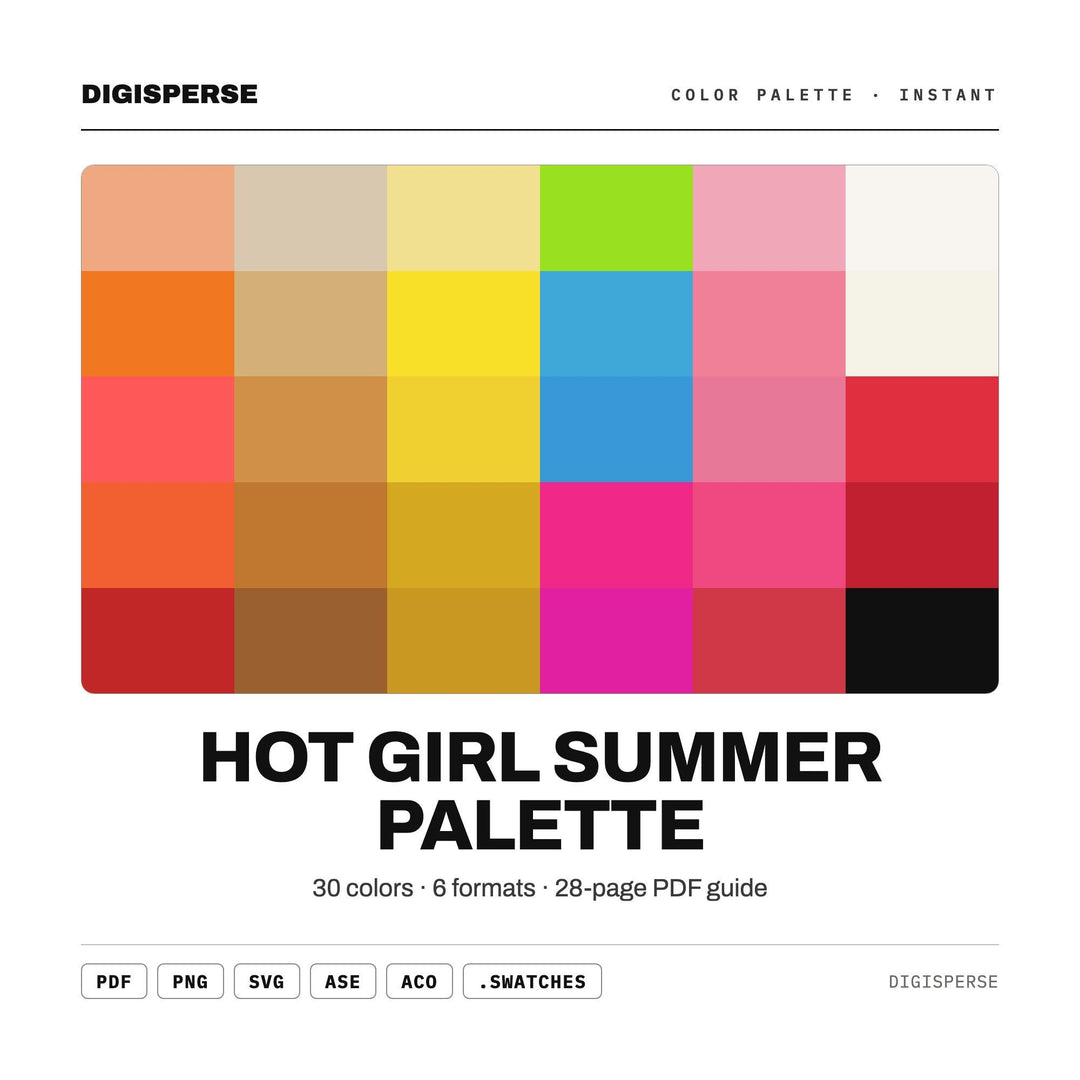 Hot Girl Summer Palette Color Palette | 30 Colors | Hex RGB CMYK | Procreate Swatches + ASE | Digital Download