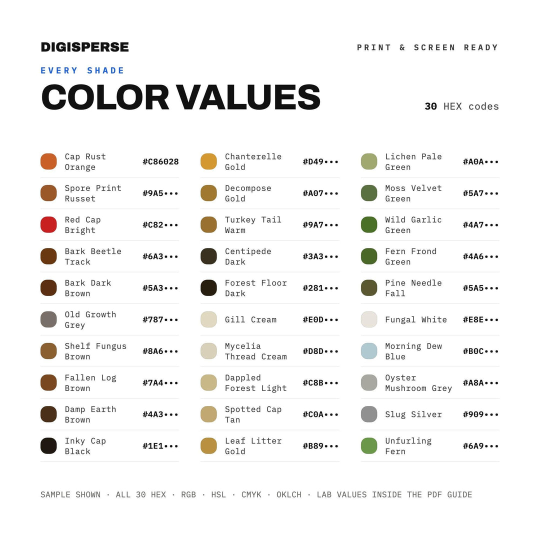 Forest Mushroom Log Color Palette | 30 Earthy Tones (Digital Download)