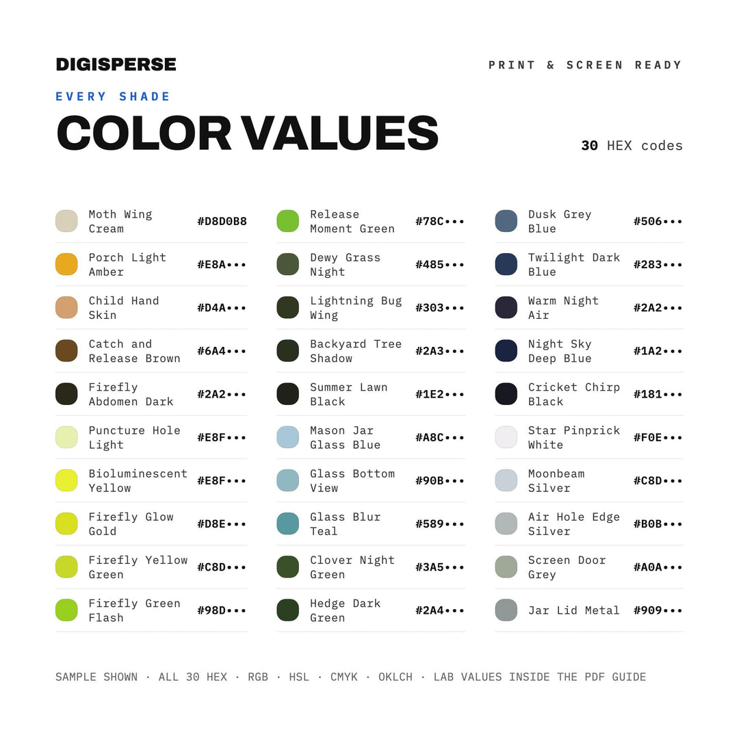 Jar of Fireflies Color Palette | 30 Procreate Swatches, HEX, RGB, CMYK (Digital Download)