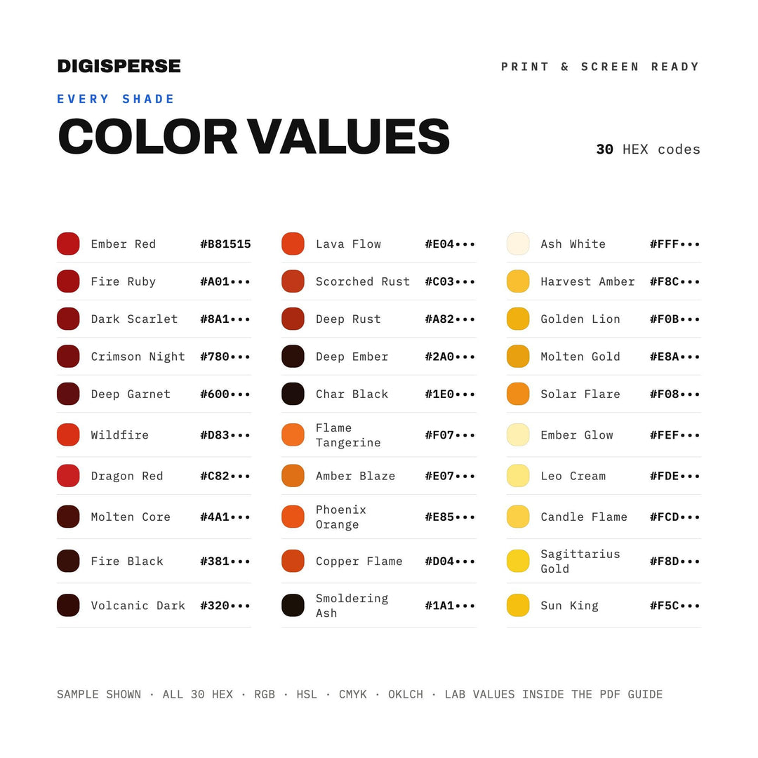 Zodiac Fire Signs Color Palette | 30 Colors | Hex RGB CMYK | Procreate Swatches + ASE | Digital Download