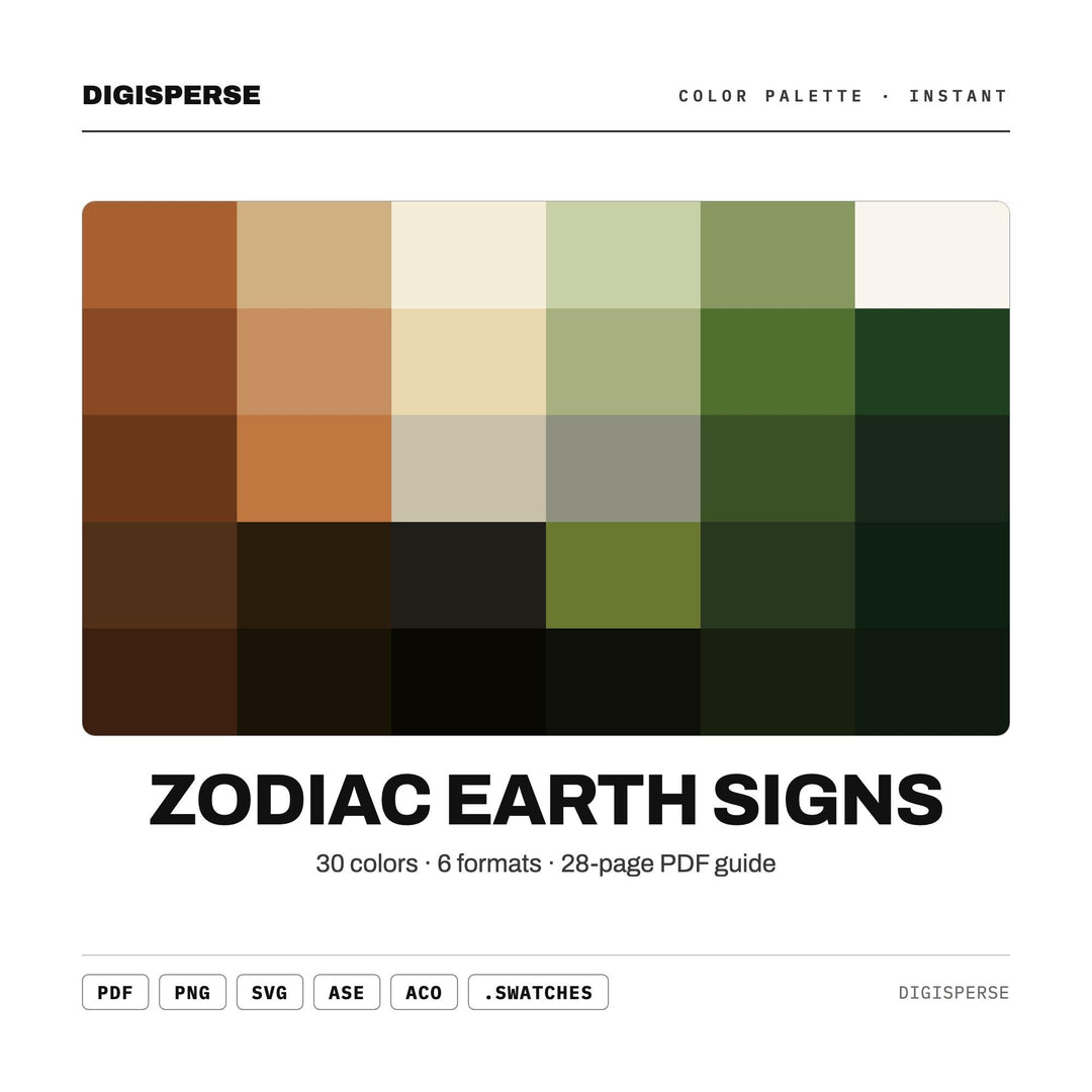Zodiac Earth Signs Color Palette | 30 Procreate Swatches, HEX, RGB, CMYK (Digital Download)