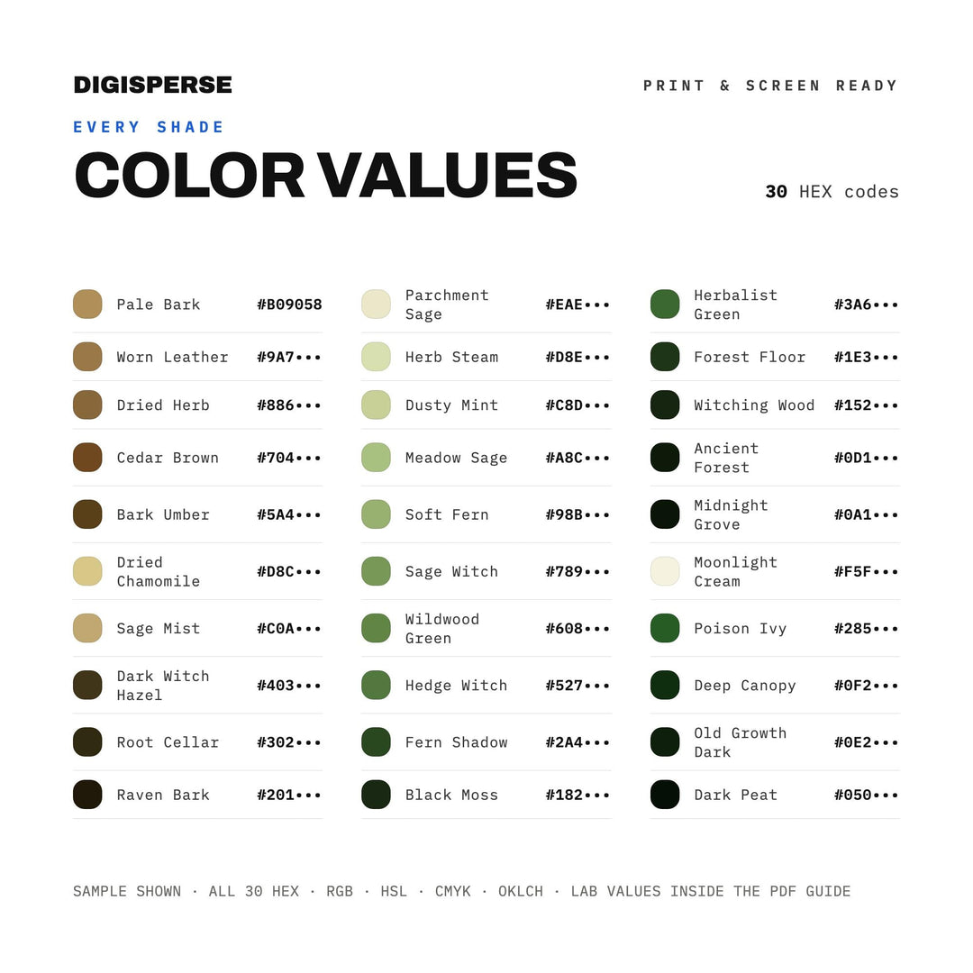 Green Witch Garden Color Palette | 30 Colors | Hex RGB CMYK | Procreate Swatches + ASE | Digital Download