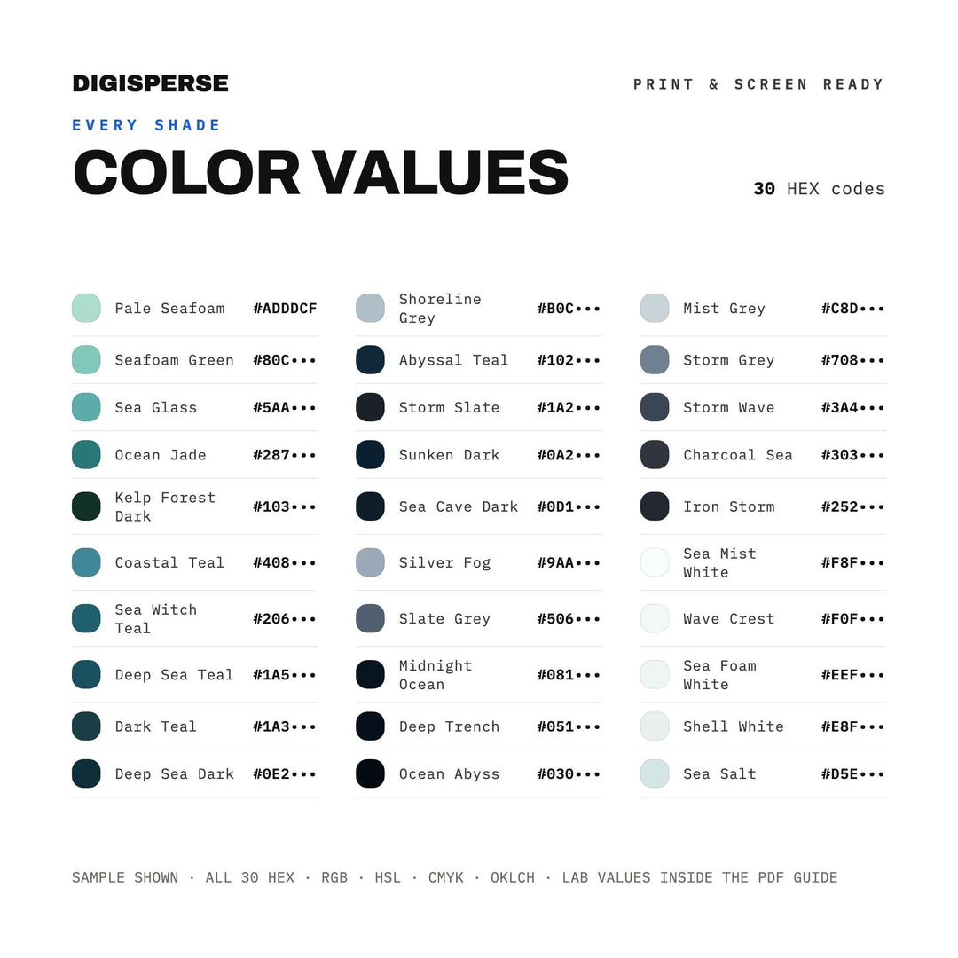 Sea Witch Cove Color Palette | 30 Colors | Hex RGB CMYK | Procreate Swatches + ASE | Digital Download