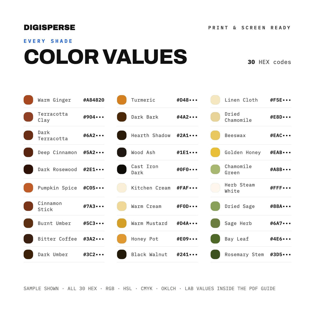 Kitchen Witch Hearth Color Palette | 30 Colors | Hex RGB CMYK | Procreate Swatches + ASE | Digital Download