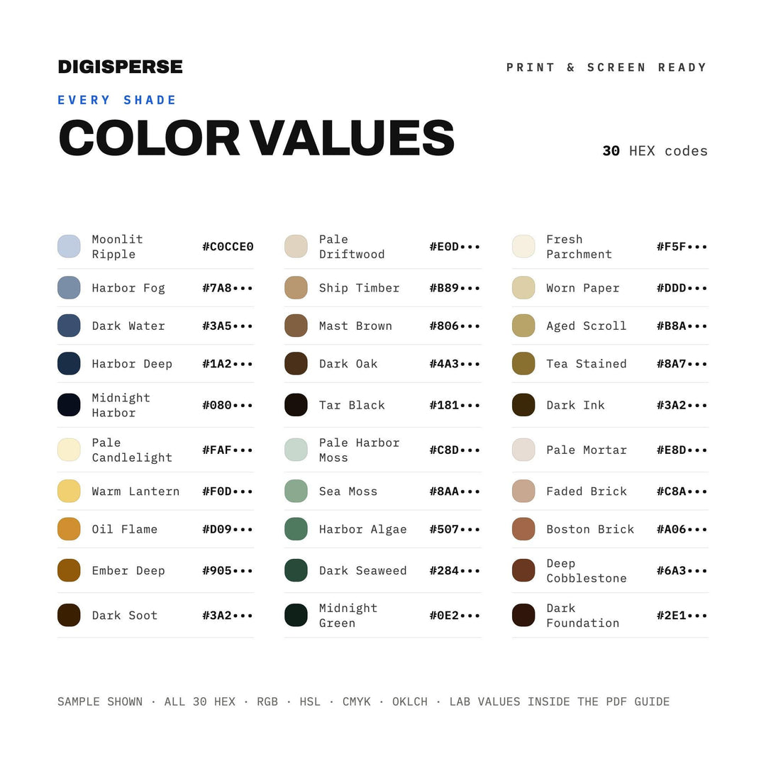Boston Harbor Night Color Palette | 30 Moody Historical Colors (Digital Download)