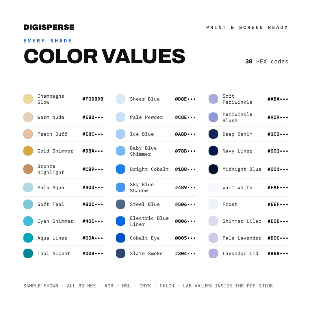 Blue Makeup Revival Color Palette | 30 Colors | Hex RGB CMYK | Procreate Swatches + ASE | Digital Download