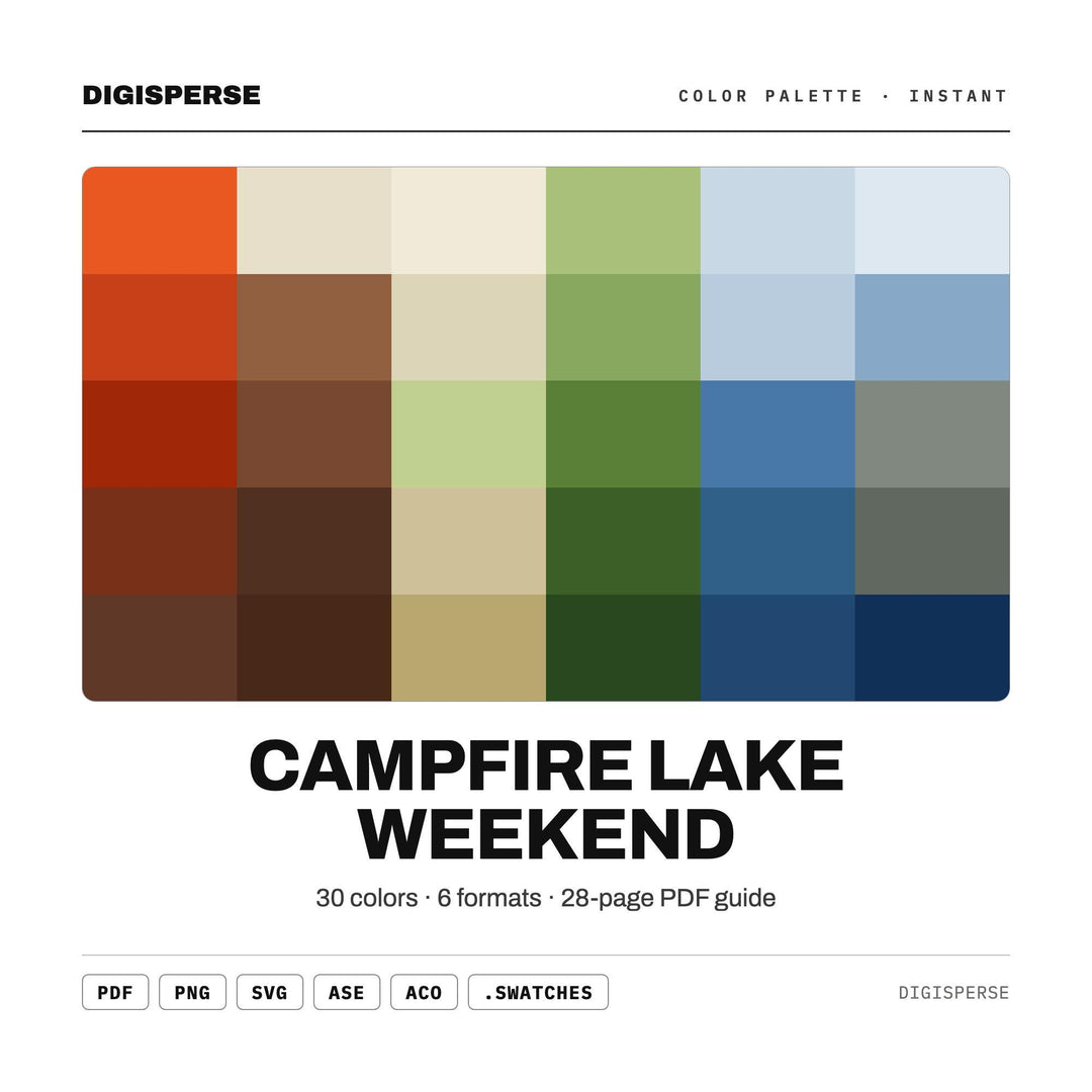 Campfire Lake Weekend Color Palette | 30 Colors | Hex RGB CMYK | Procreate Swatches + ASE | Digital Download