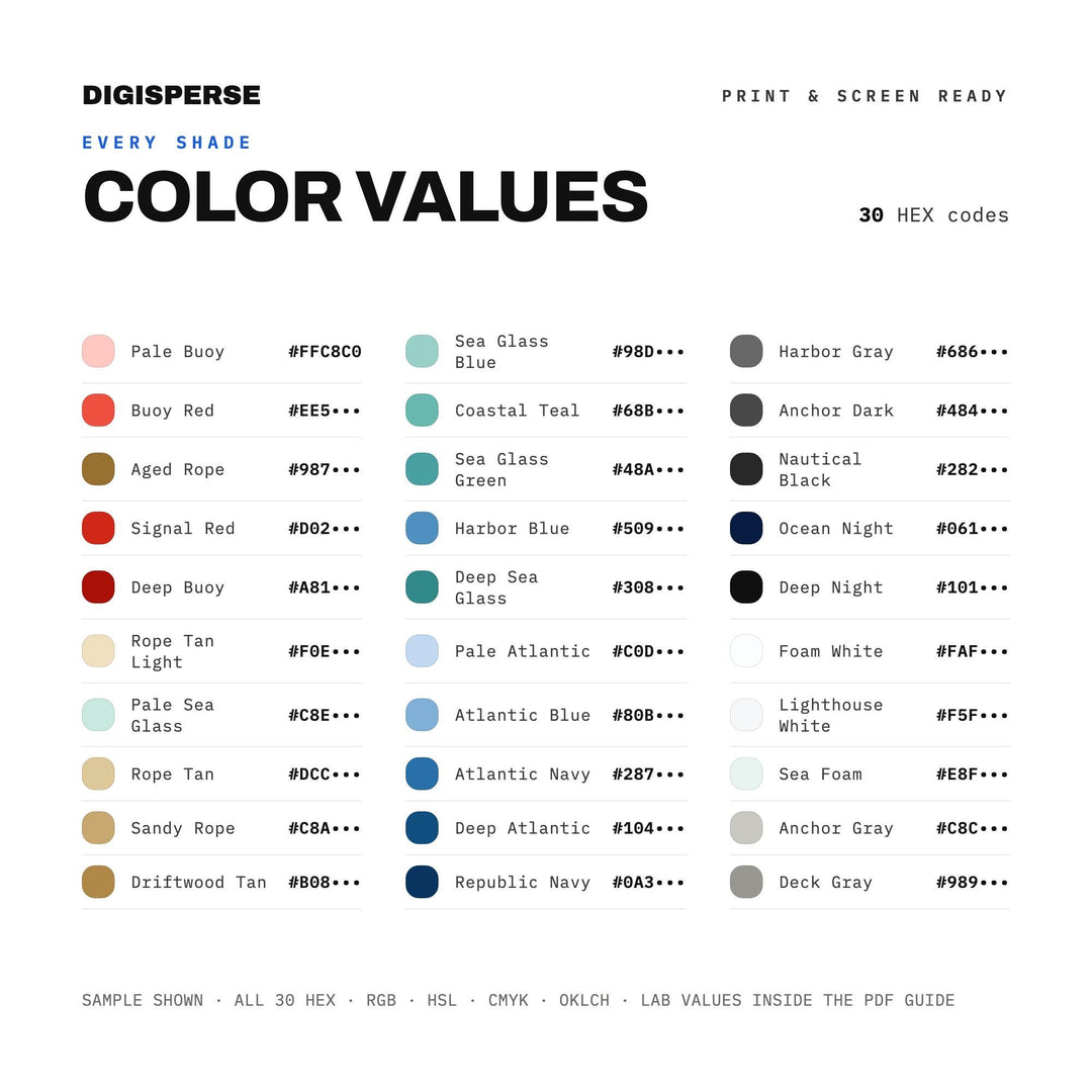 Coastal Republic Color Palette | 30 Colors | Hex RGB CMYK | Procreate Swatches + ASE | Digital Download