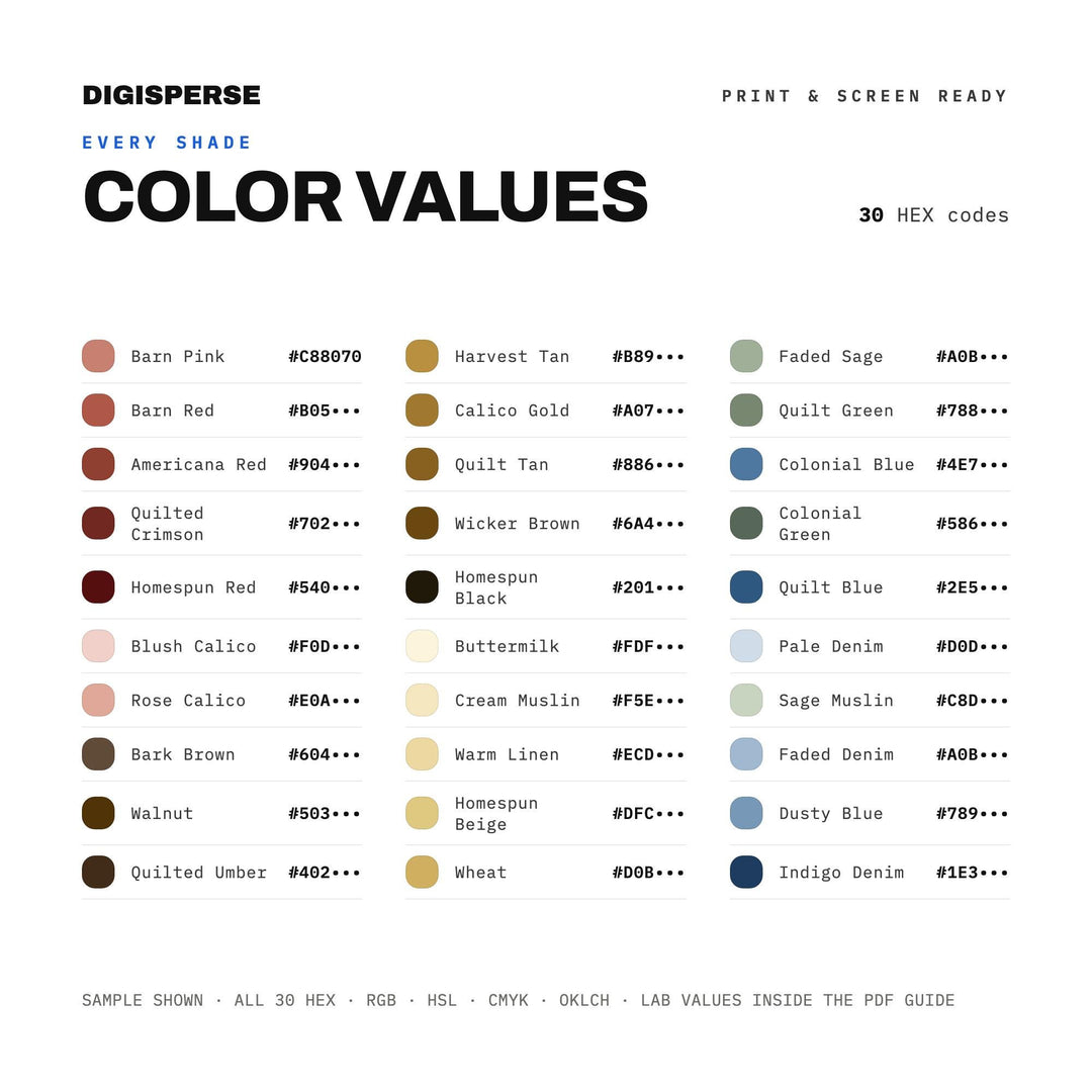 Colonial Quilt Americana Color Palette | 30 Colors | Hex RGB CMYK | Procreate Swatches + ASE | Digital Download