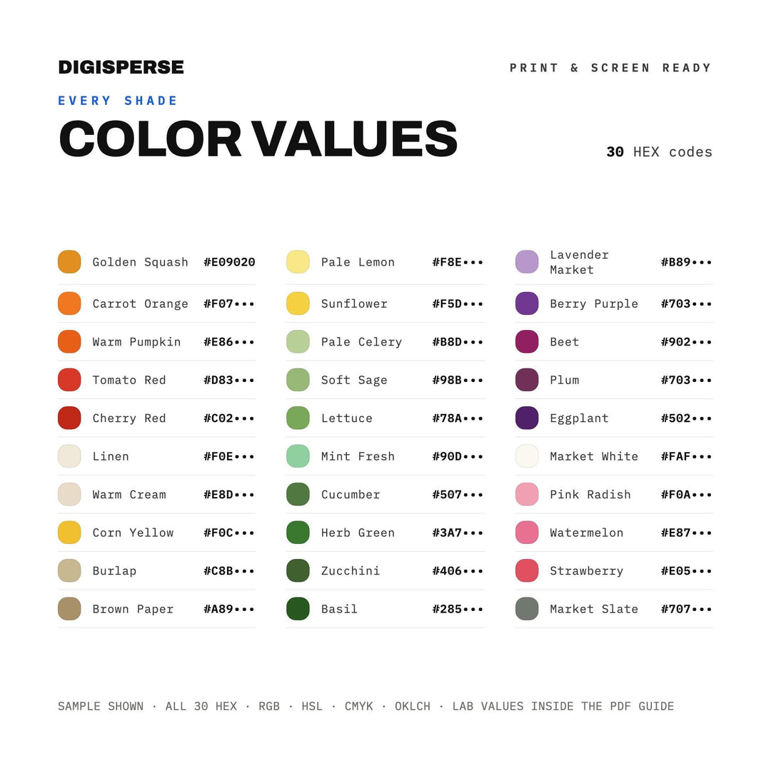 Farmers Market Fresh Color Palette | 30 Procreate Swatches, HEX, RGB, CMYK (Digital Download)