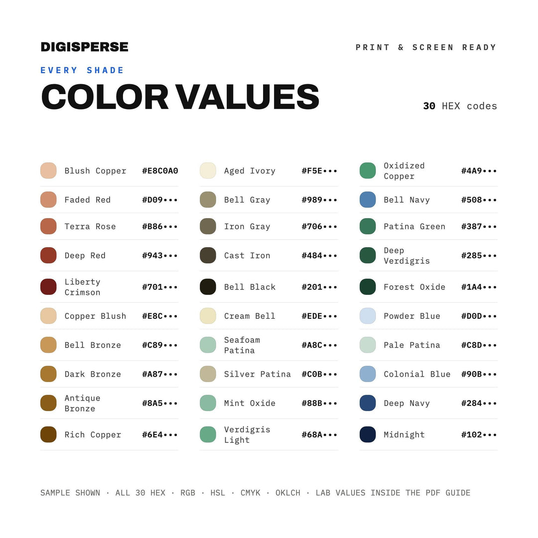 Liberty Bell Patina Color Palette | 30 Colors | Hex RGB CMYK | Procreate Swatches + ASE | Digital Download