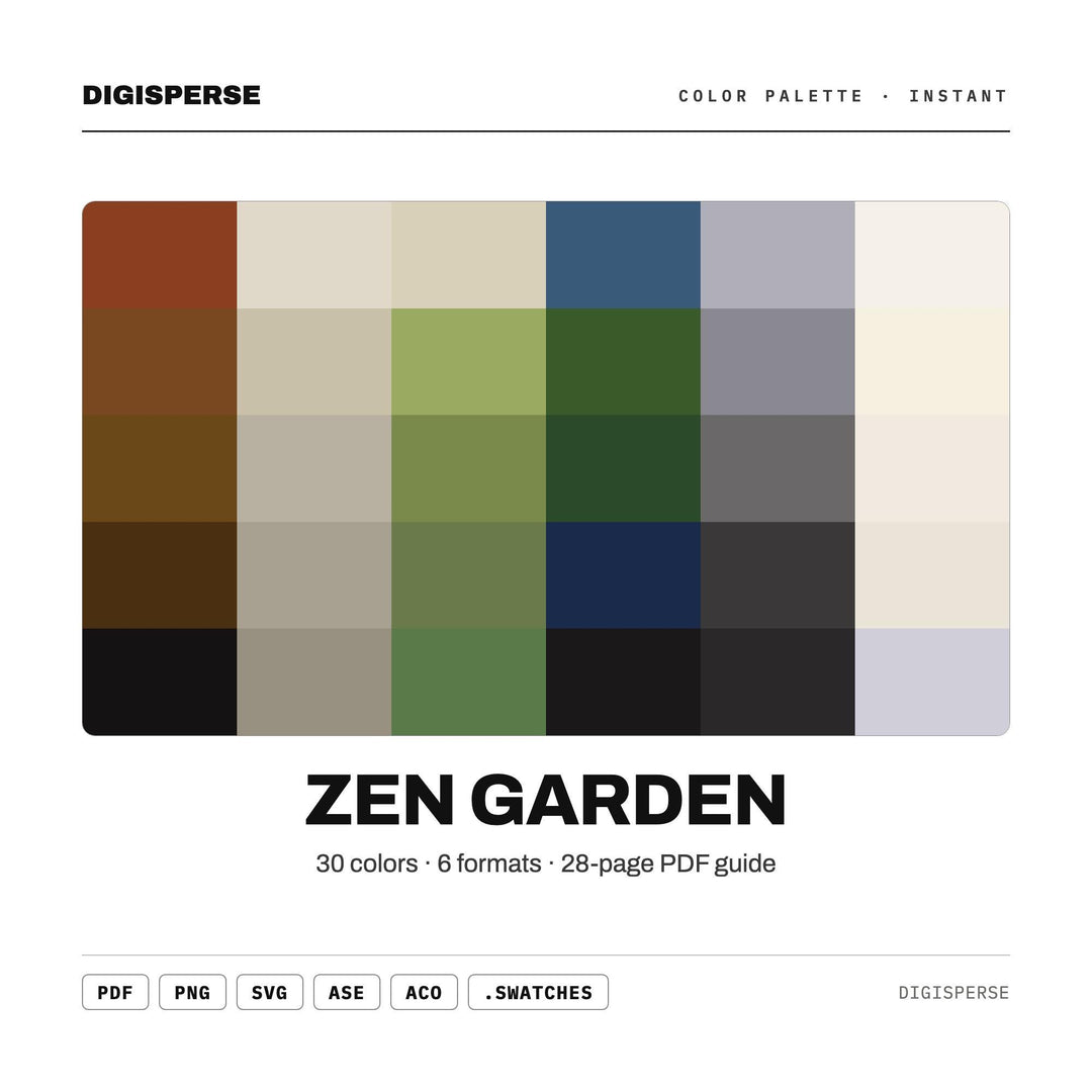 Zen Garden Color Palette | 30 Colors | Hex RGB CMYK | Color Guide | Procreate Swatches + ASE | Digital Download