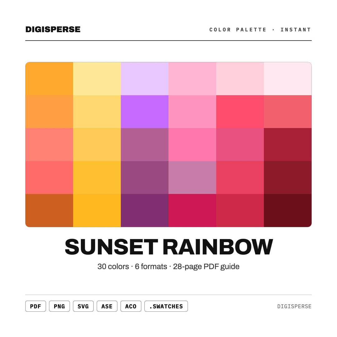 Sunset Rainbow Color Palette | 30 Colors | Hex RGB CMYK | Procreate Swatches + ASE | Digital Download