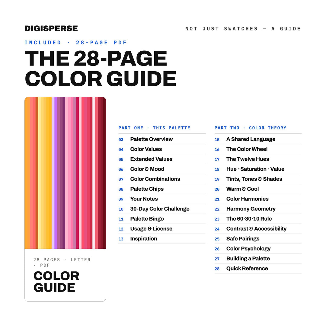Sunset Rainbow Color Palette | 30 Colors | Hex RGB CMYK | Procreate Swatches + ASE | Digital Download
