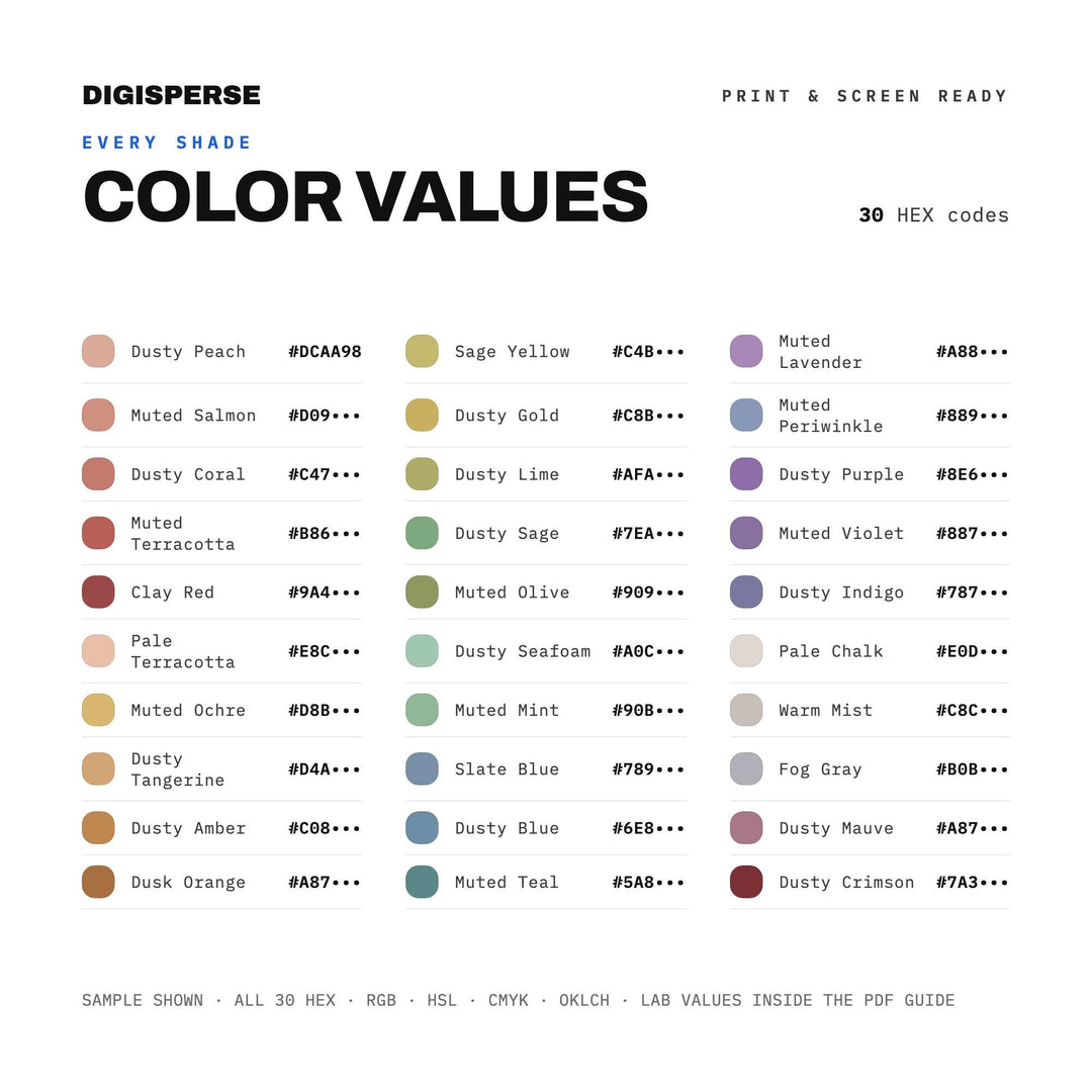 Muted Rainbow Color Palette | 30 Colors | Hex RGB CMYK | Procreate Swatches + ASE | Digital Download