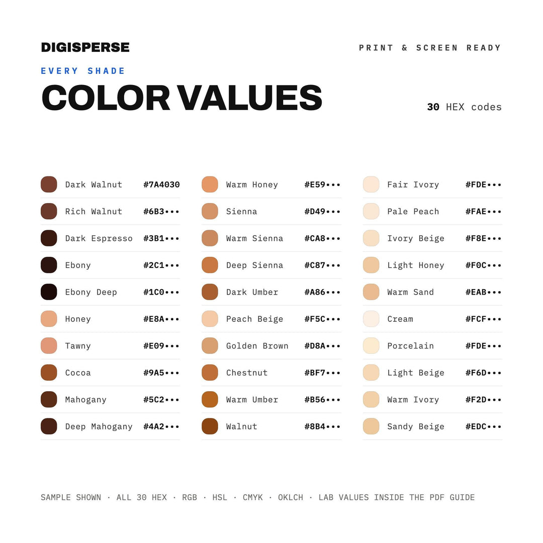 Global Skin Tones Color Palette | 30 Colors | Hex RGB CMYK | Procreate Swatches + ASE | Digital Download
