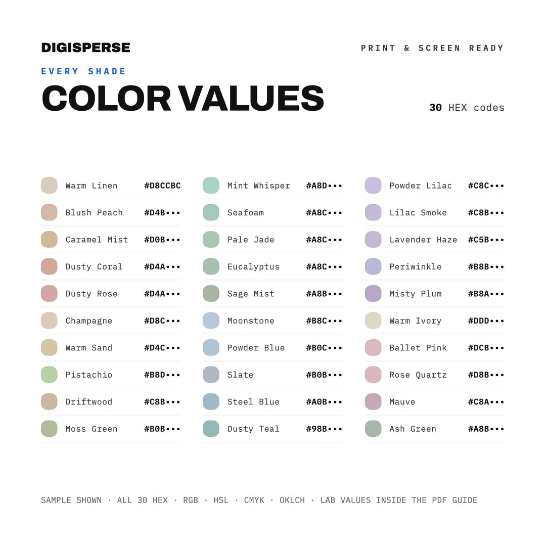 Muted Pastels Color Palette | 30 Colors | Hex RGB CMYK | Color Guide | Procreate Swatches + ASE | Digital Download