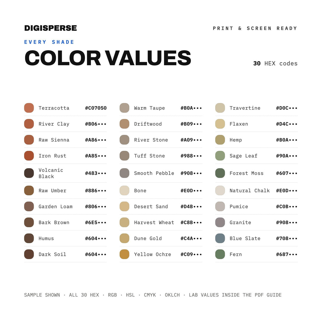 Earth Naturals Color Palette | 30 Neutral Tones, Hex, RGB, CMYK, Procreate, ASE (Digital Download)