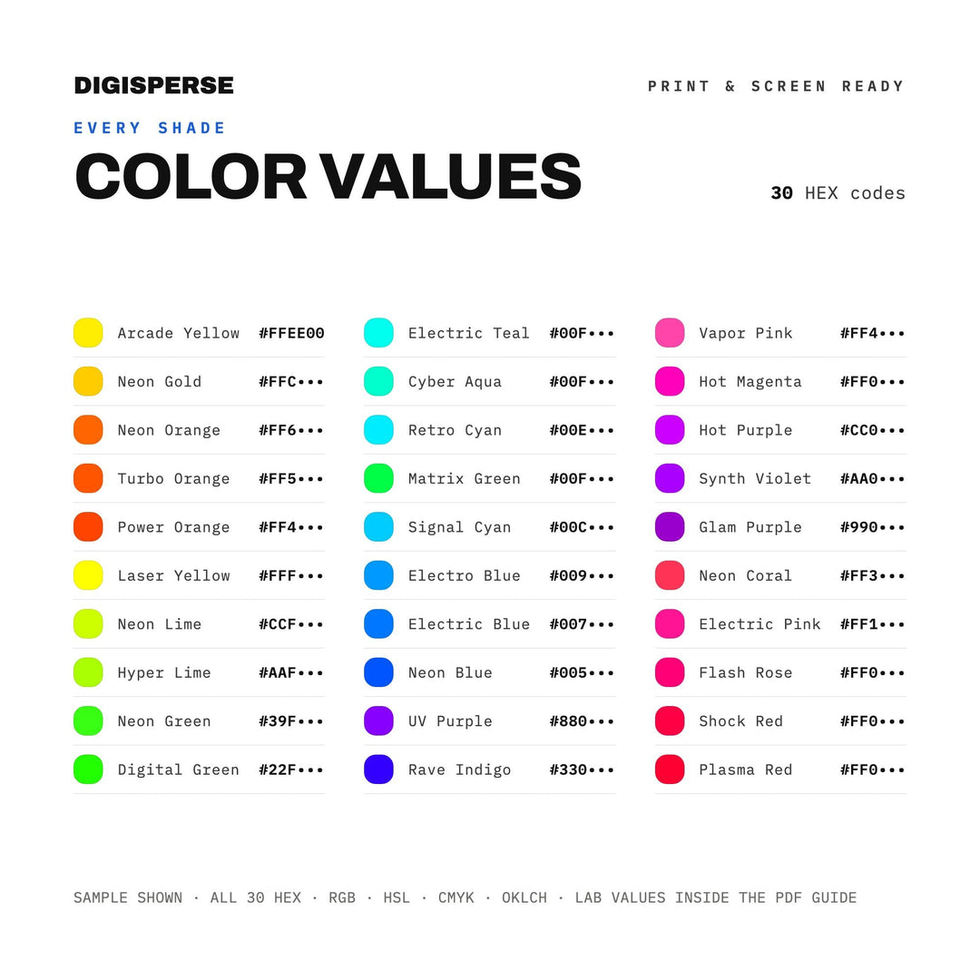 80s Neon Color Palette | 30 Procreate Swatches, ASE Guide (Digital Download)