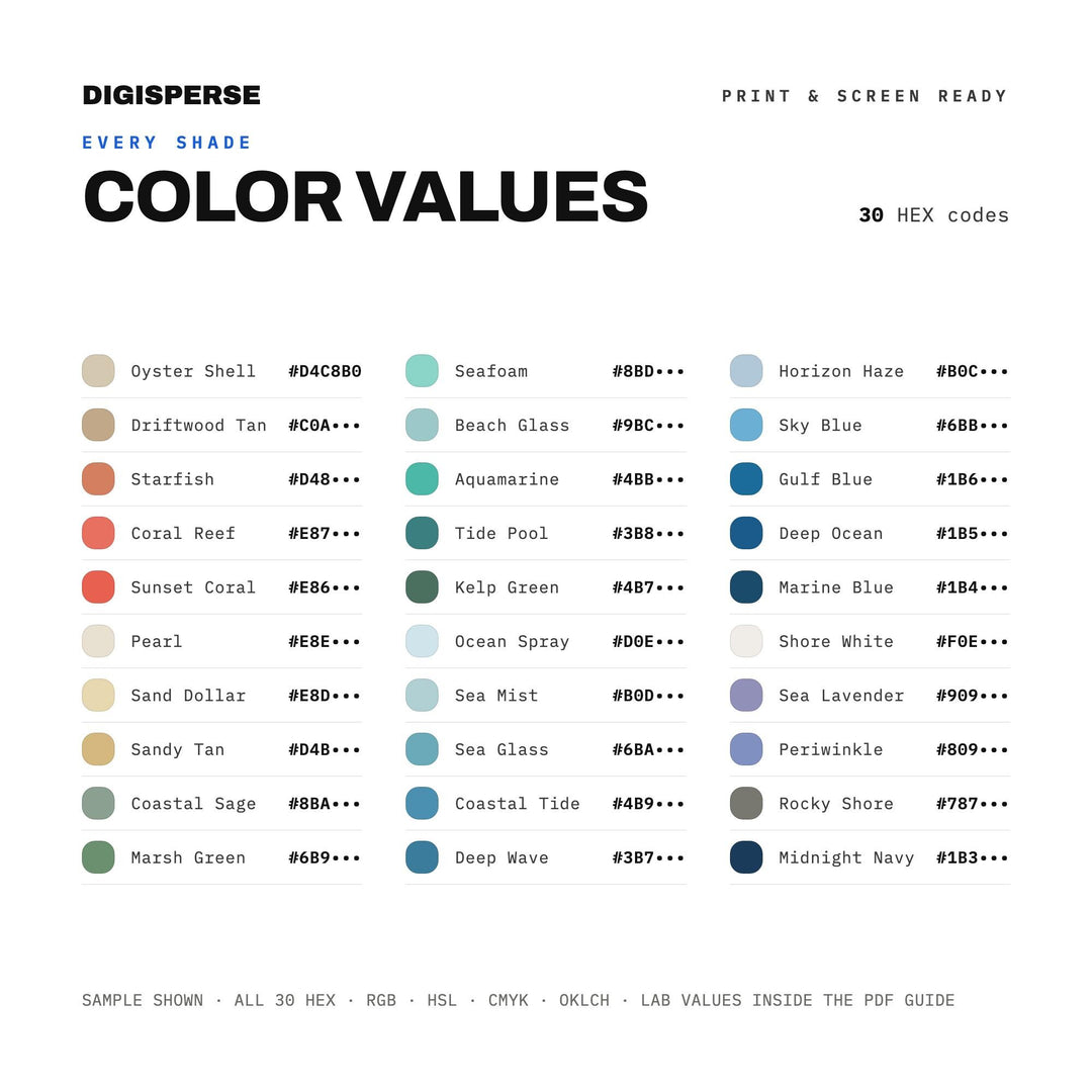 Coastal Blues Color Palette | 30 Colors | Hex RGB CMYK | Color Guide | Procreate Swatches + ASE | Digital Download