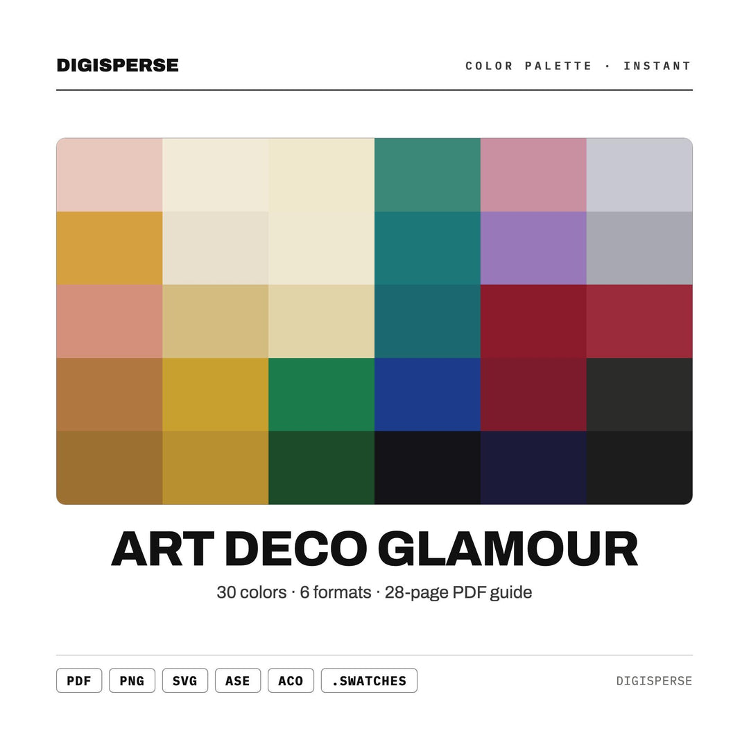 Art Deco Glamour Color Palette | 30 Colors | Hex RGB CMYK | Color Guide | Procreate Swatches + ASE | Digital Download