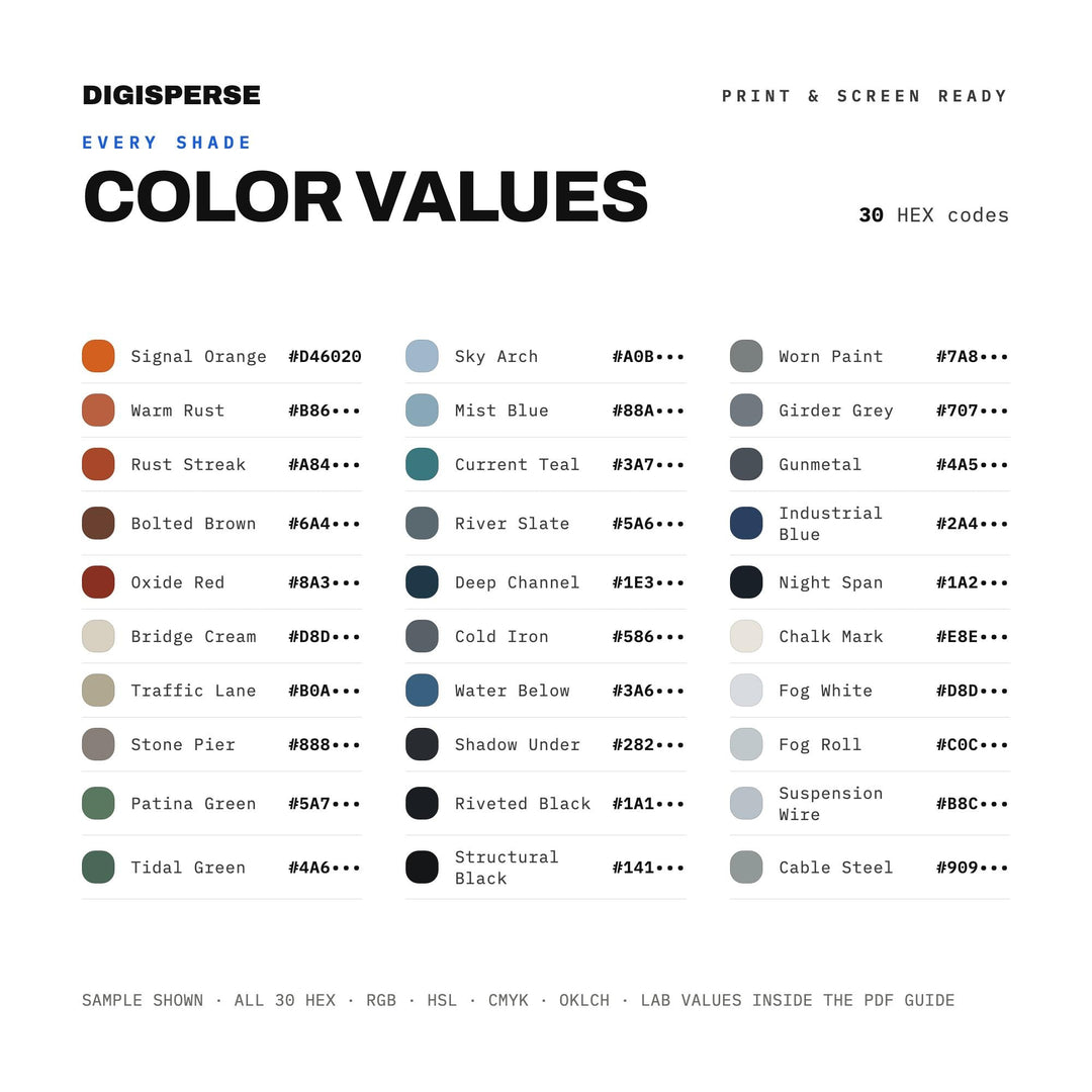 Steel Bridge Color Palette | 30 Industrial Colors, Procreate Swatches (Digital Download)