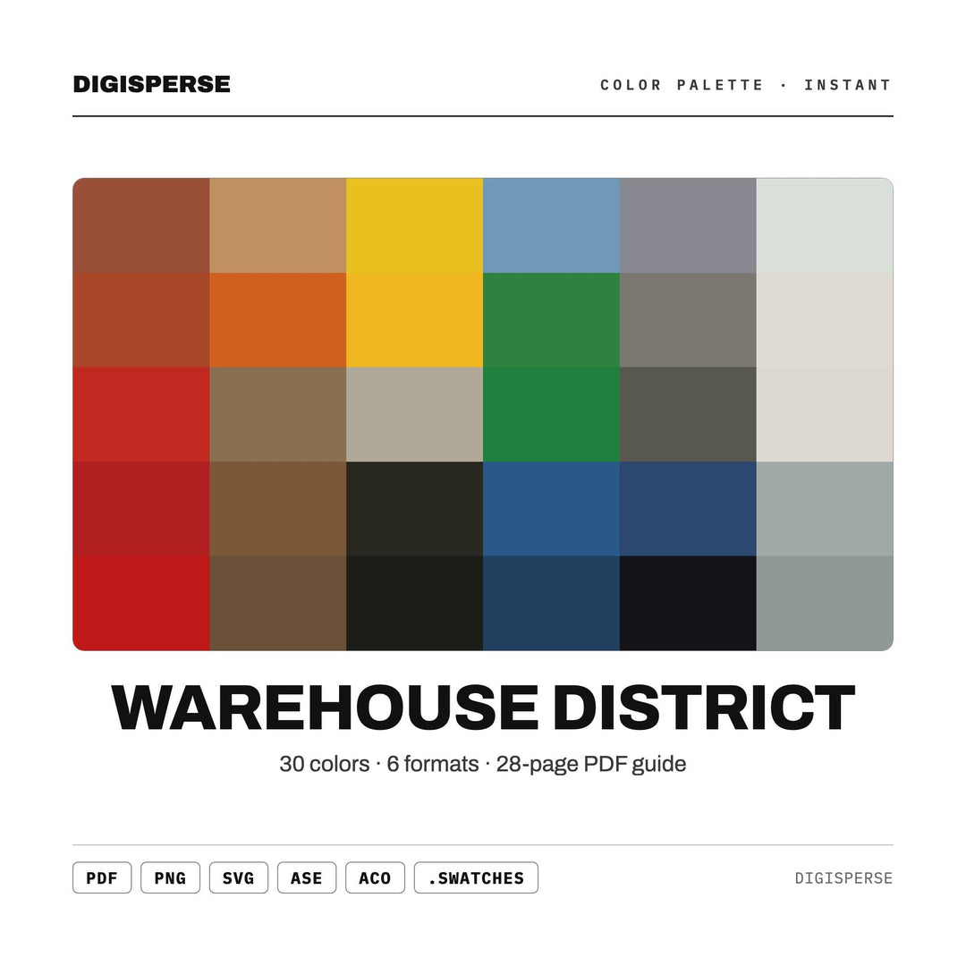 Warehouse District Color Palette | 30 Colors | Hex RGB CMYK | Color Guide | Procreate Swatches + ASE | Digital Download