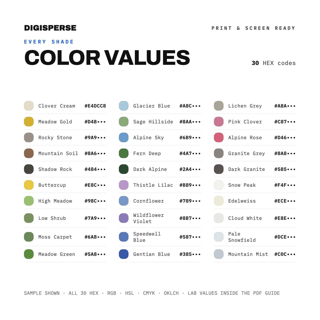 Fresh Wildflower Color Palette for Mountain Nature Art and Spring Branding, 30 Alpine Meadow Green Hues, Procreate Swatches, Hex Codes