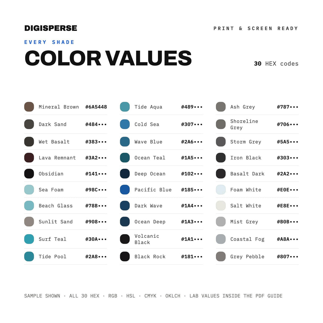 Volcanic Grey Color Palette for Dramatic Coastal Art and Iceland Travel Branding, 30 Black Sand Beach Hues, Procreate Swatches, Hex Codes