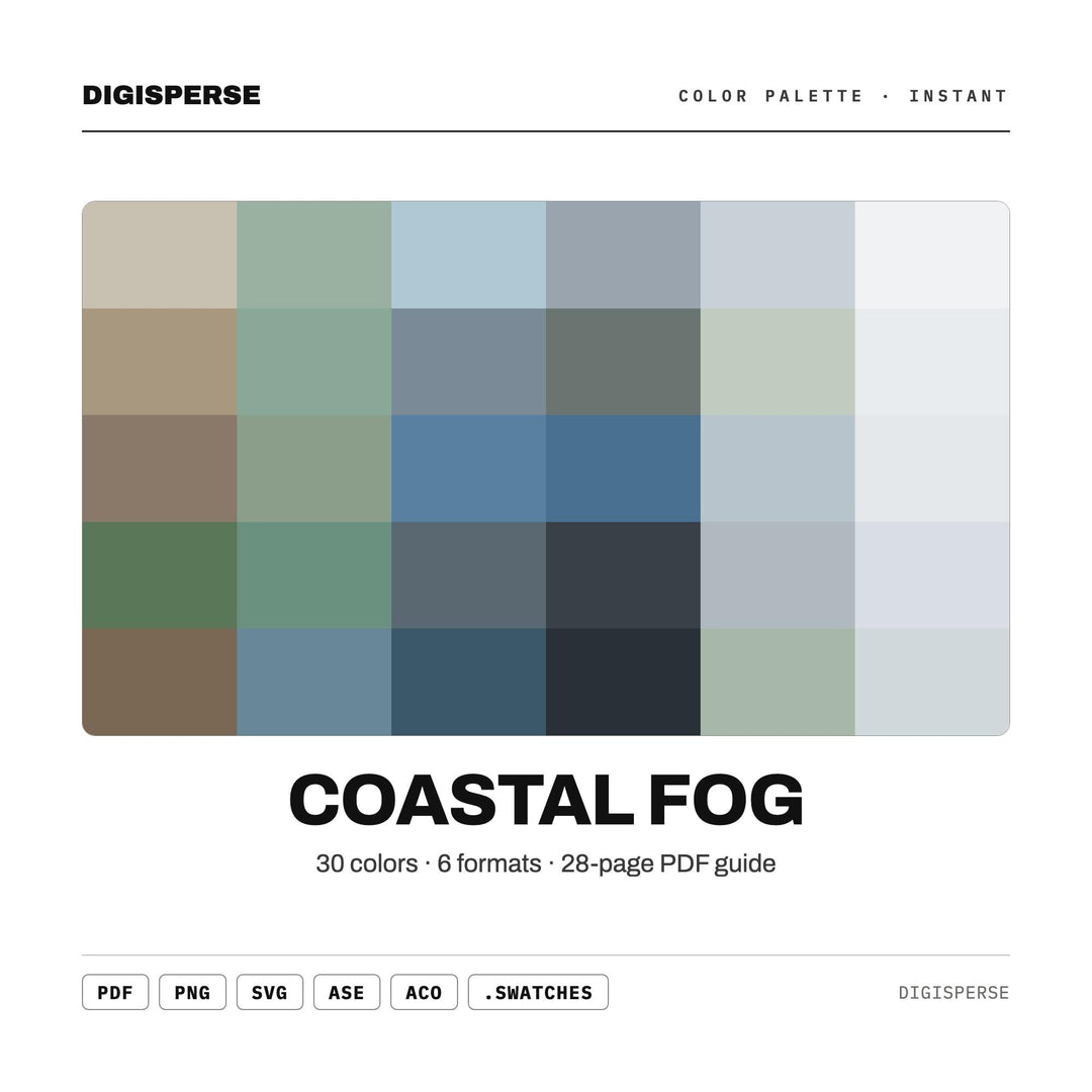 Muted Grey Color Palette for Calm Seaside Art and Foggy Shoreline Branding, 30 Coastal Fog Hues, Procreate Swatches, Hex Codes