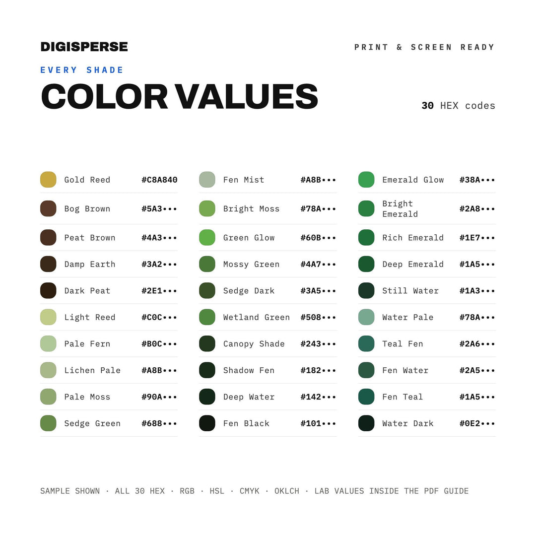 Emerald Fen Color Palette | 30 Colors | Hex RGB CMYK | Color Guide | Procreate Swatches + ASE | Digital Download
