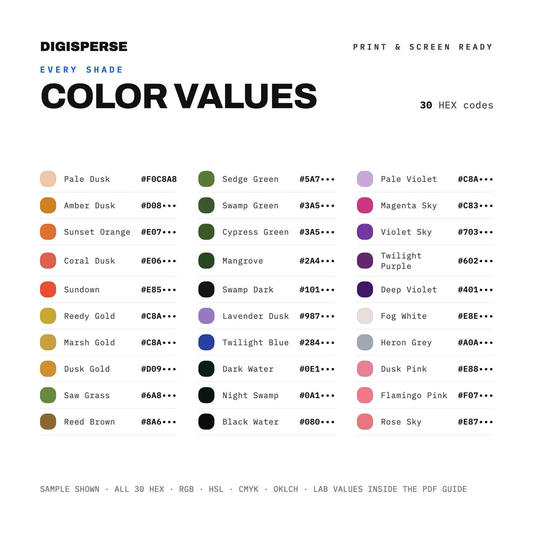 Everglades Dusk Color Palette | 30 Nature Hues, Procreate, ASE (Digital Download)