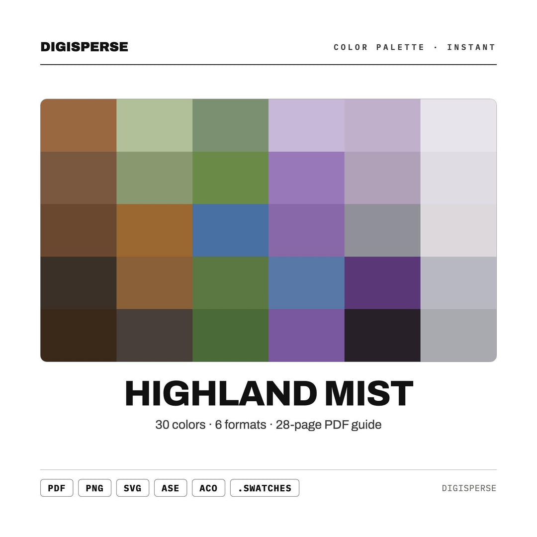 Highland Mist Color Palette | 30 Colors | Hex RGB CMYK | Color Guide | Procreate Swatches + ASE | Digital Download