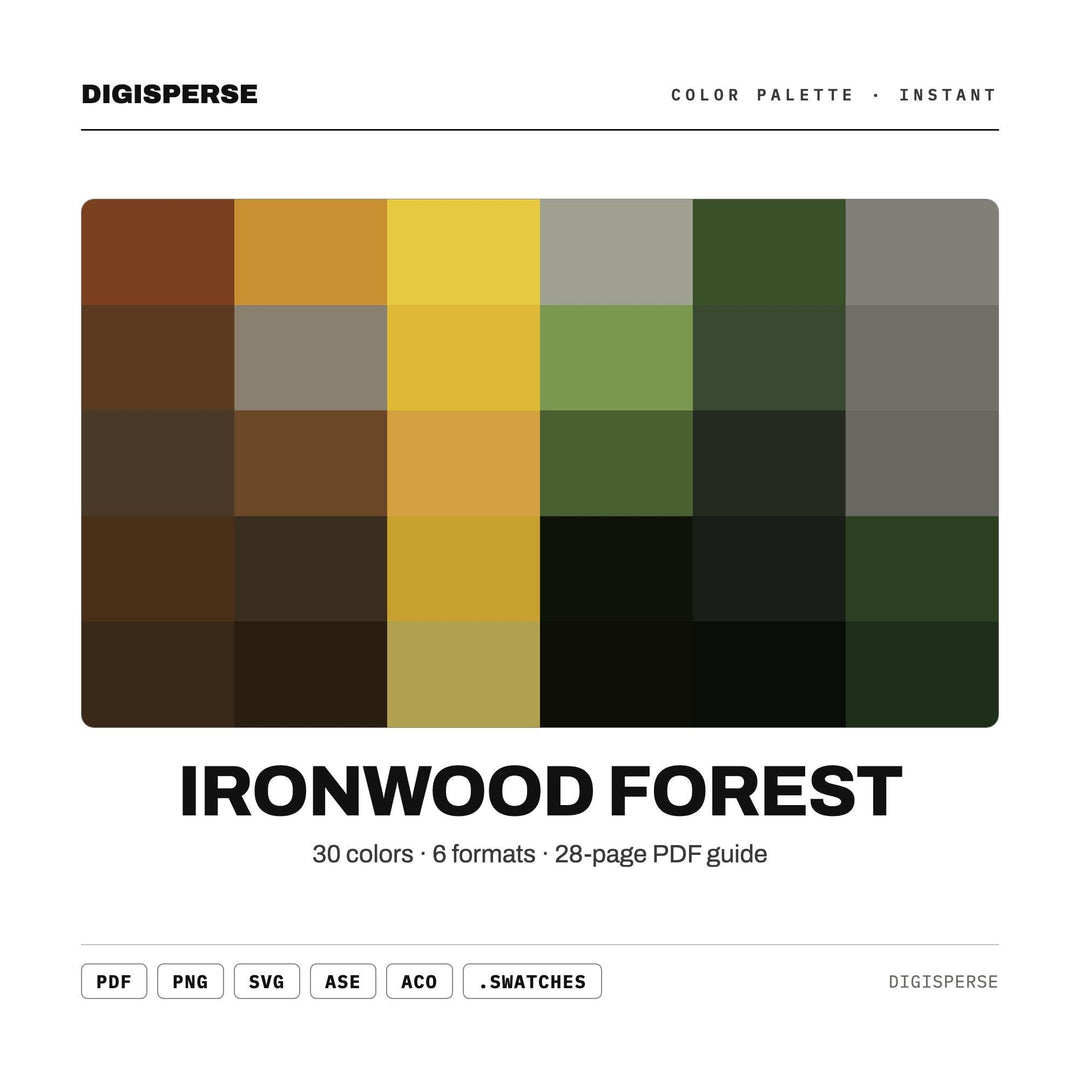 Ironwood Forest Color Palette | 30 Colors | Hex RGB CMYK | Color Guide | Procreate Swatches + ASE | Digital Download