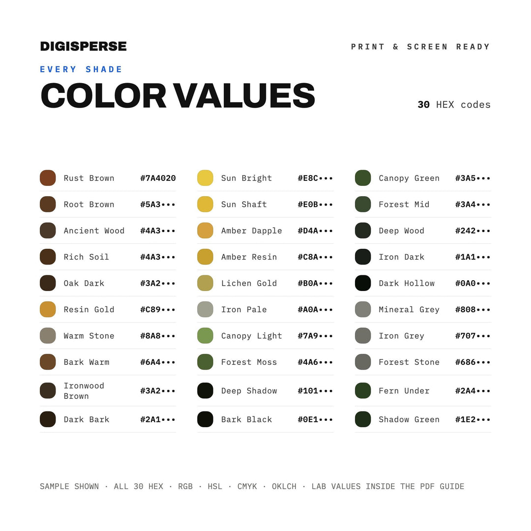 Ironwood Forest Color Palette | 30 Colors | Hex RGB CMYK | Color Guide | Procreate Swatches + ASE | Digital Download
