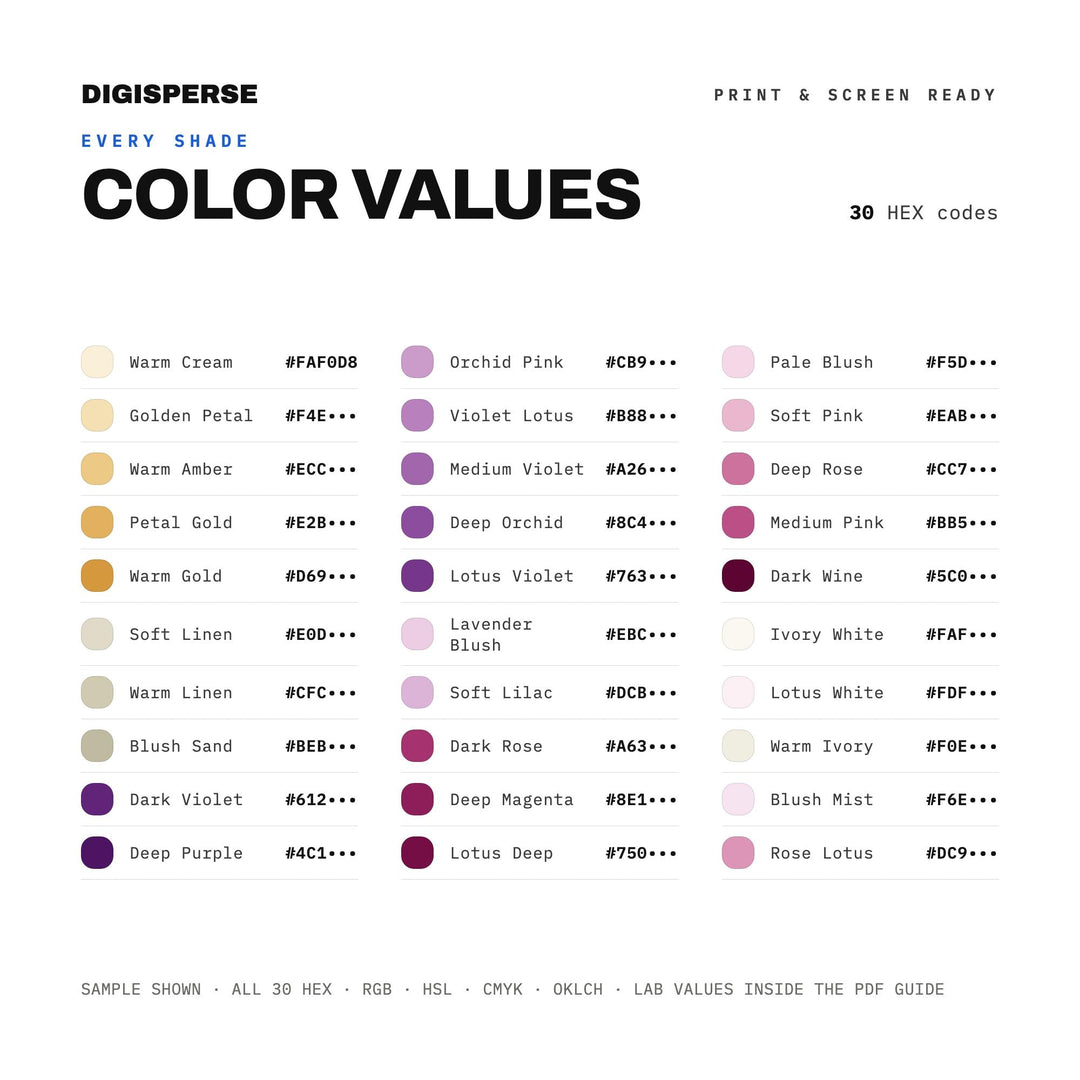 Lotus Bloom Color Palette | 30 Procreate Swatches, HEX, RGB, CMYK (Digital Download)