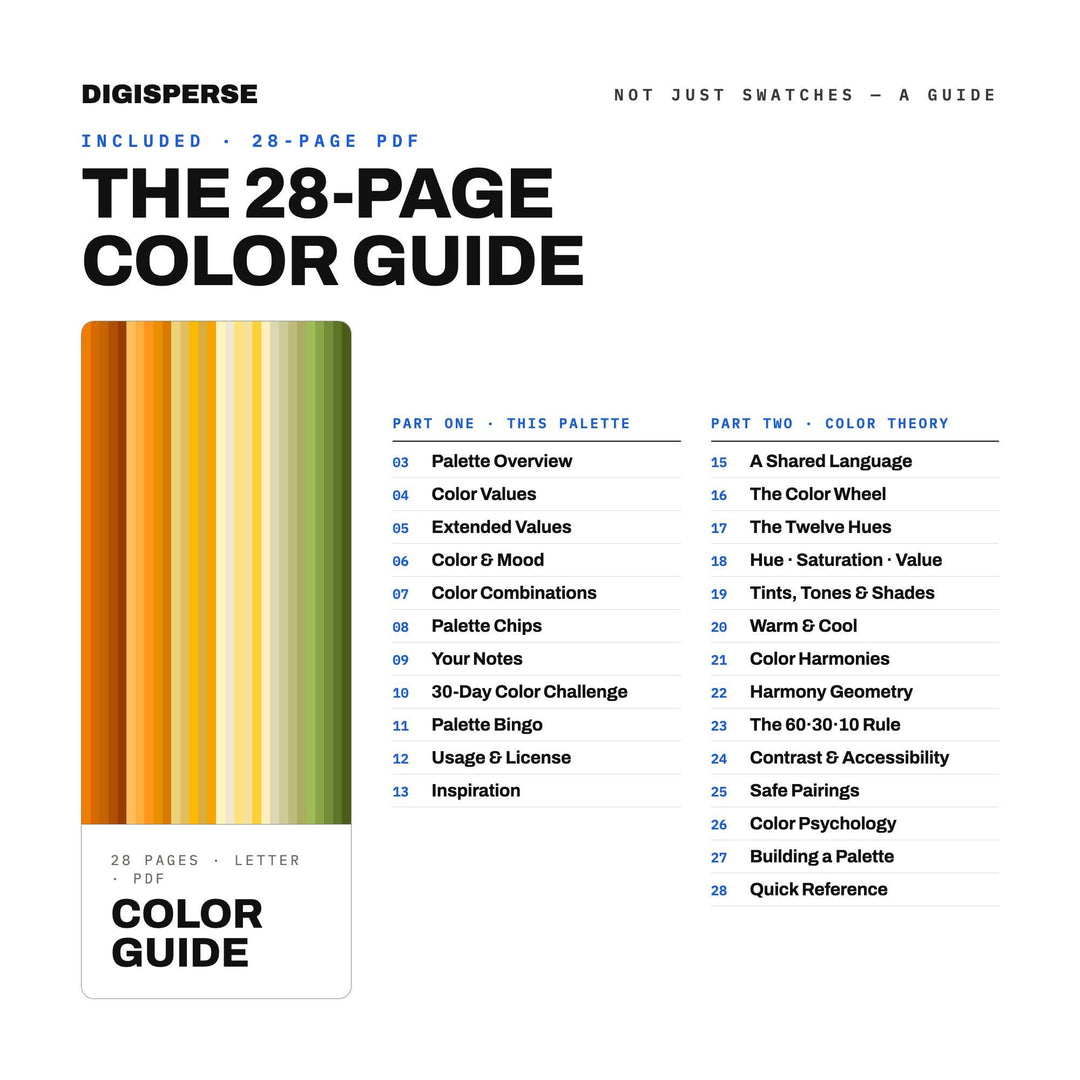 Marigold Field Color Palette | 30 Colors | Hex RGB CMYK | Color Guide | Procreate Swatches + ASE | Digital Download