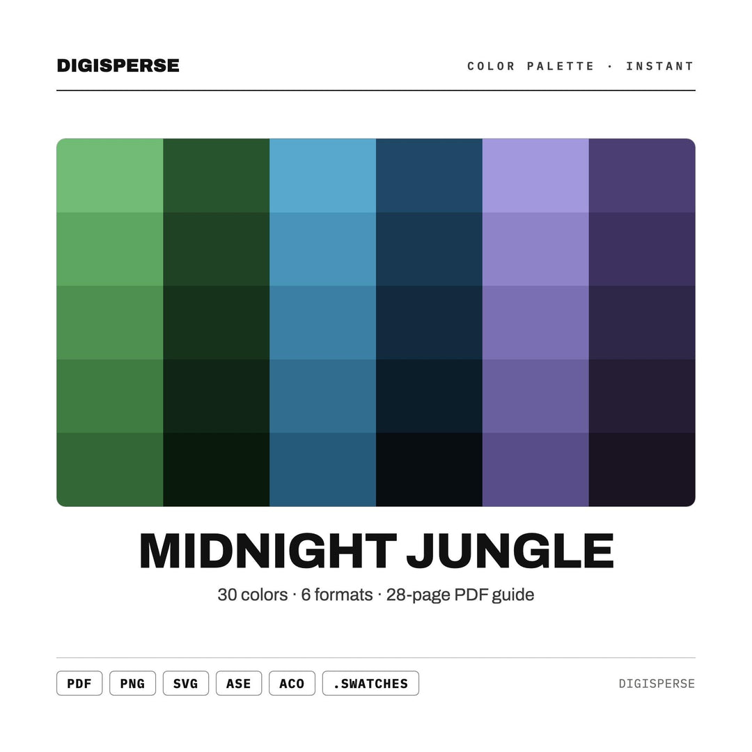 Midnight Jungle Color Palette | 30 Procreate Swatches, HEX, RGB, CMYK (Digital Download)
