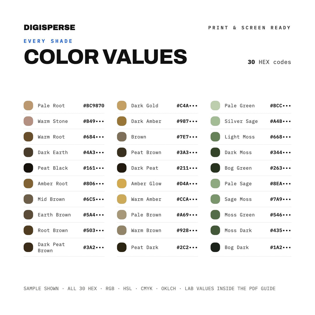 Peat Bog Color Palette | 30 Colors | Hex RGB CMYK | Color Guide | Procreate Swatches + ASE | Digital Download