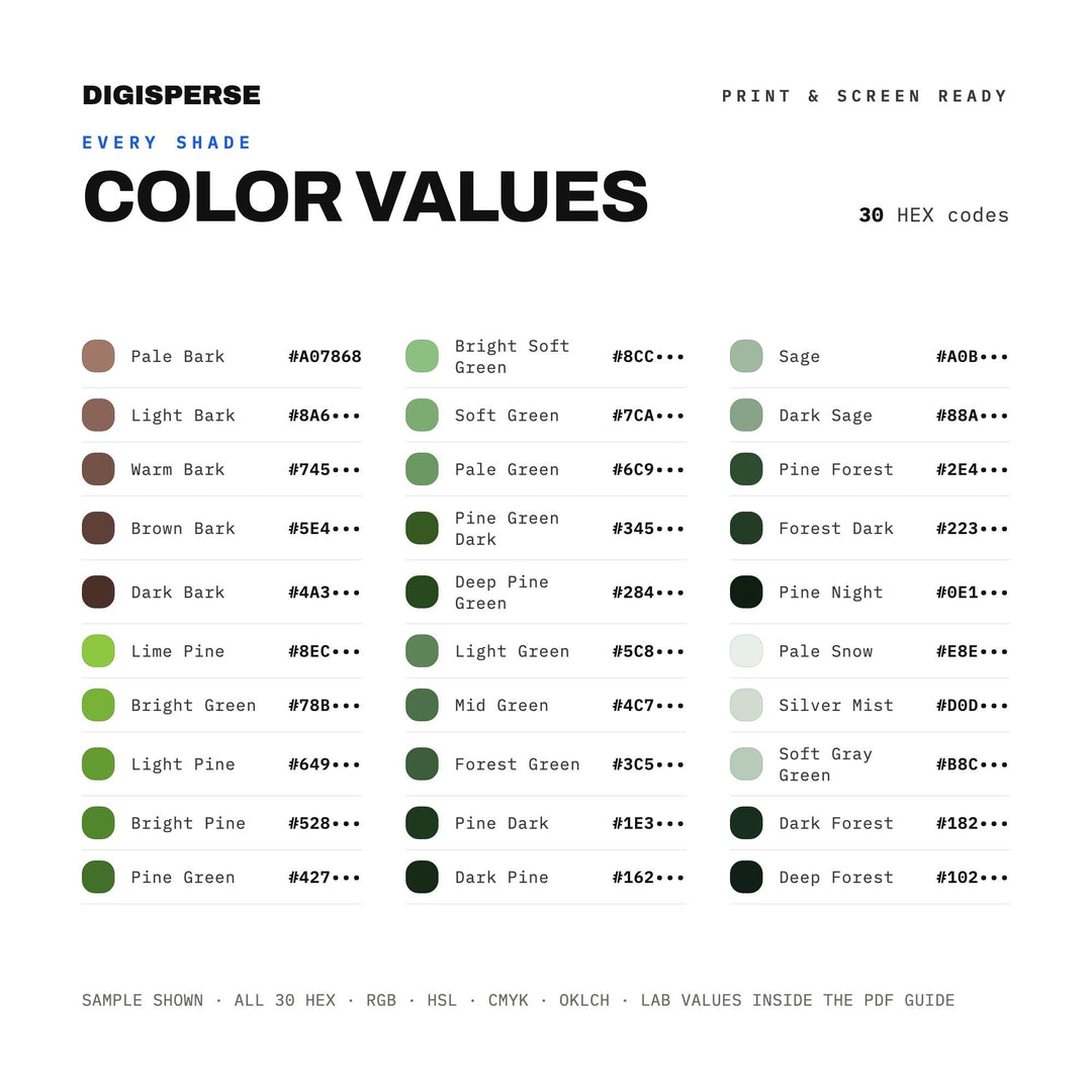 Pine Needle Color Palette | 30 Colors | Hex RGB CMYK | Color Guide | Procreate Swatches + ASE | Digital Download