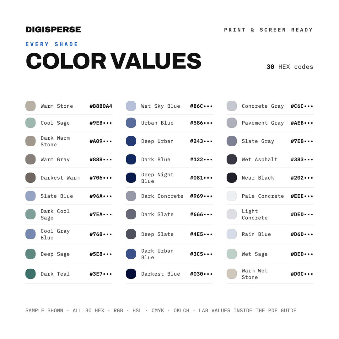 Rain-Wet Pavement Color Palette | 30 Colors | Hex RGB CMYK | Color Guide | Procreate Swatches + ASE | Digital Download