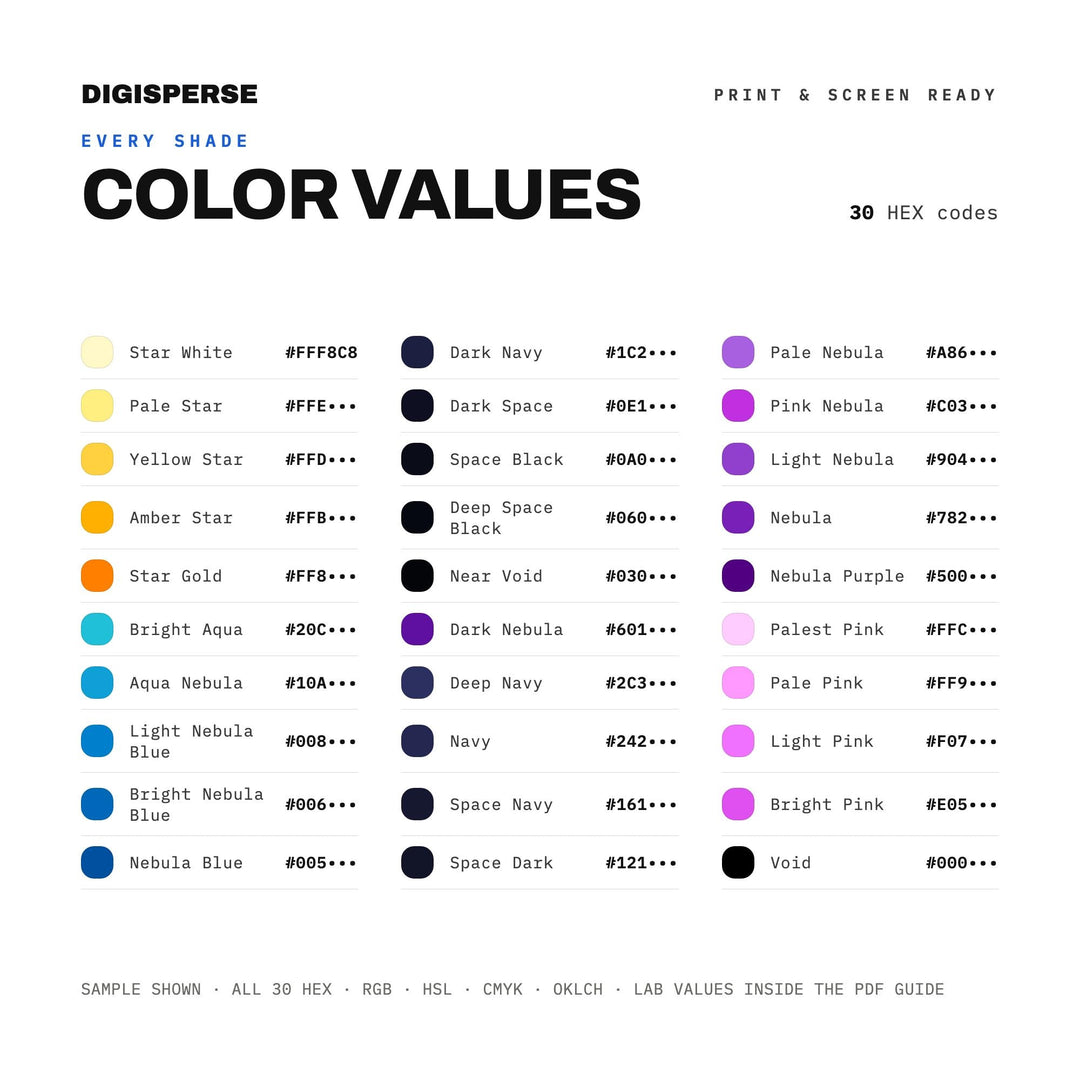 Cosmic Black Color Palette for Galaxy Art and Astronomy Branding, 30 Deep Space Nebula Hues, Procreate Swatches, Hex Codes