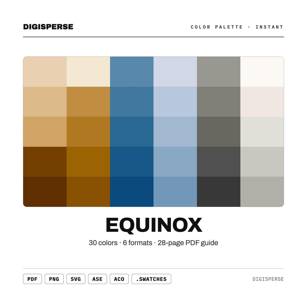 Balanced Seasonal Color Palette for Autumn Spring Art and Nature Branding, 30 Equinox Golden Hues, Procreate Swatches, Hex Codes