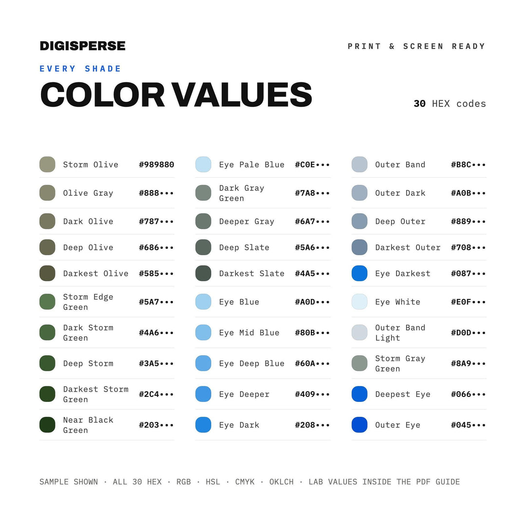 Hurricane Eye Color Palette | 30 Colors, Procreate, ASE Swatches (Digital Download)