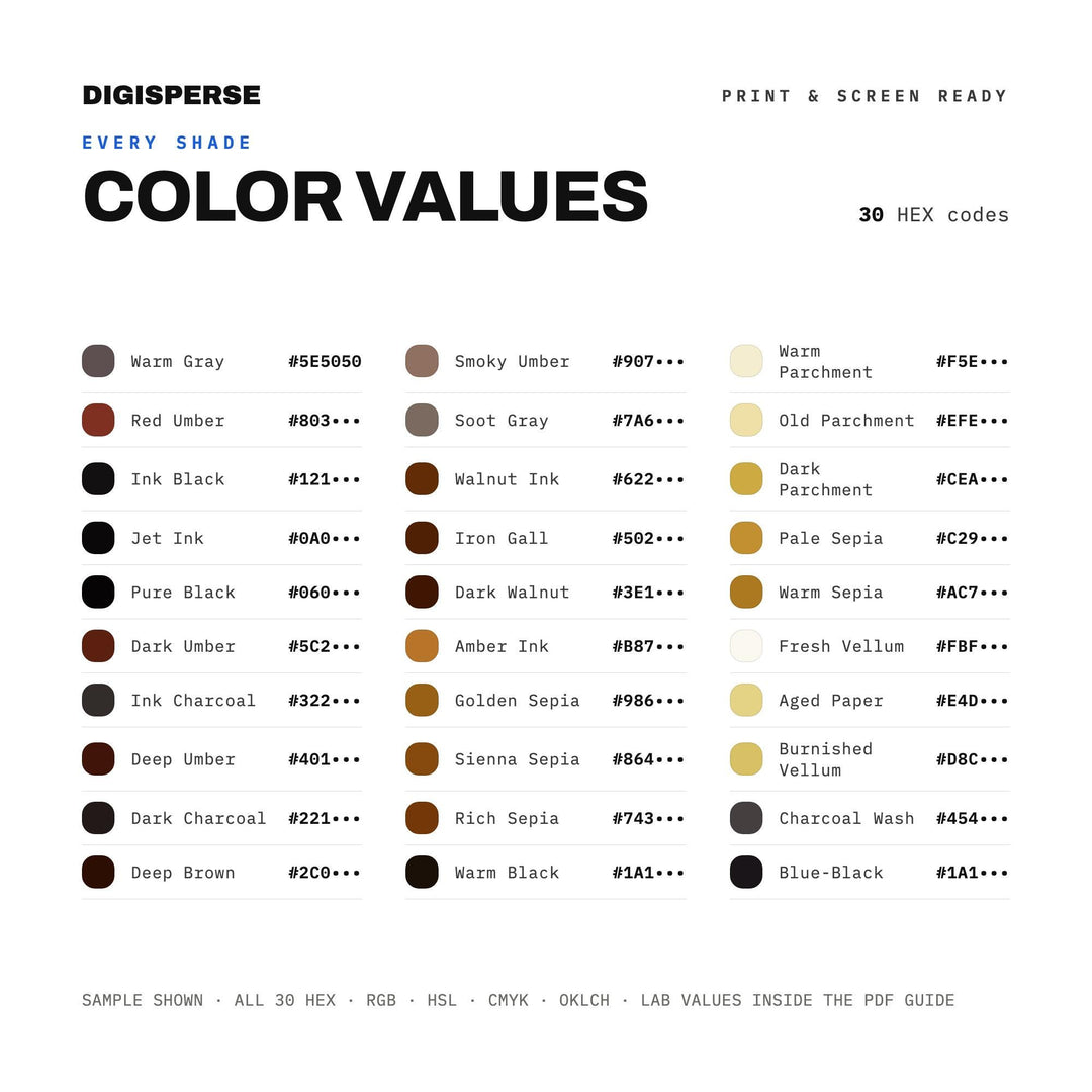 Deep Indigo Color Palette for Lettering Art and Elegant Stationery Branding, 30 Calligraphy Ink Hues, Procreate Swatches, Hex Codes