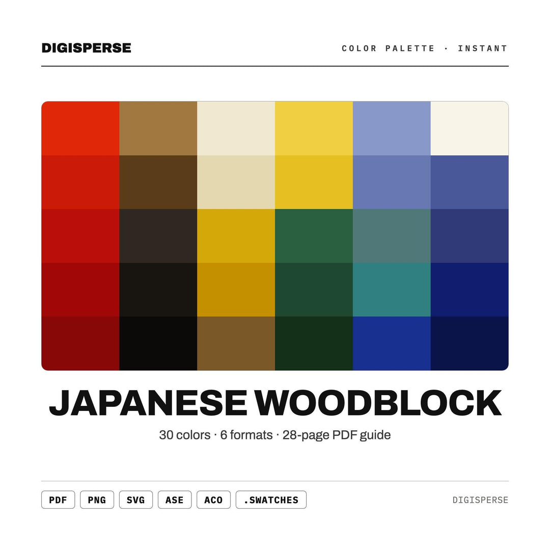Japanese Woodblock Color Palette | 30 Colors | Hex RGB CMYK | Color Guide | Procreate Swatches + ASE | Digital Download
