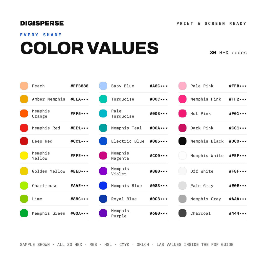 Playful 80s Color Palette for Retro Geometric Art and Bold Branding, 30 Memphis Squiggle Hues, Procreate Swatches, Hex Codes