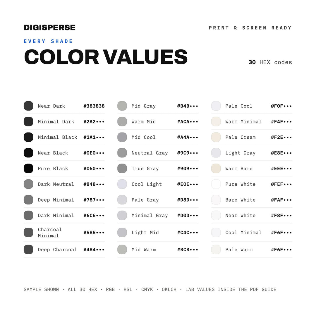 Minimalism Color Palette | 30 Colors | Hex RGB CMYK | Color Guide | Procreate Swatches + ASE | Digital Download